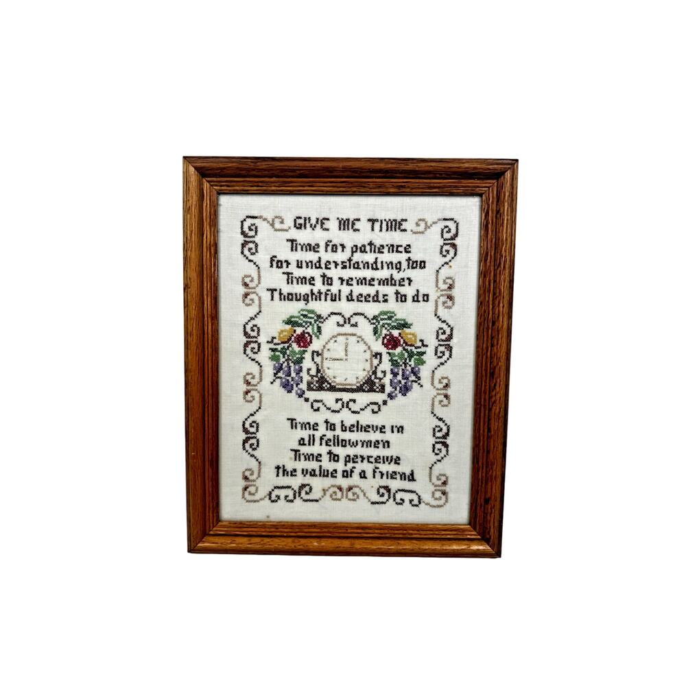 Needlepoint Sampler Give Me Time Handmade Vintage Framed 13x16in